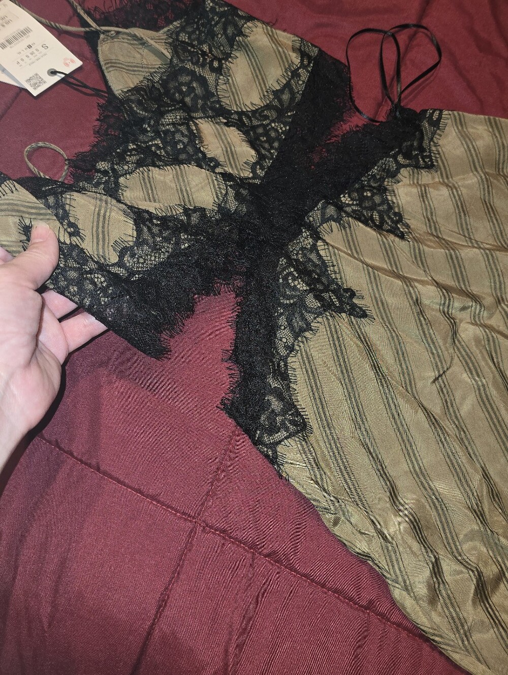 Zara Olive Green Slip Dress with Black Lace Trim - Picture 13 of 16